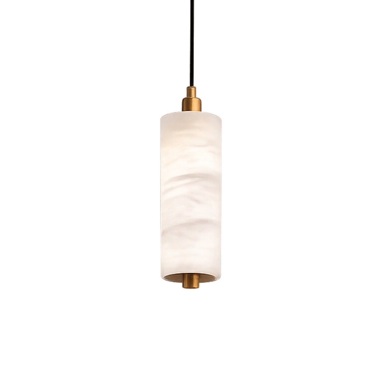 The Ardent LED Small Column Alabaster Single Pendant Light features a cylindrical alabaster shade, soft white glow, brushed brass accents, and a black cord, showcased against a white background.
