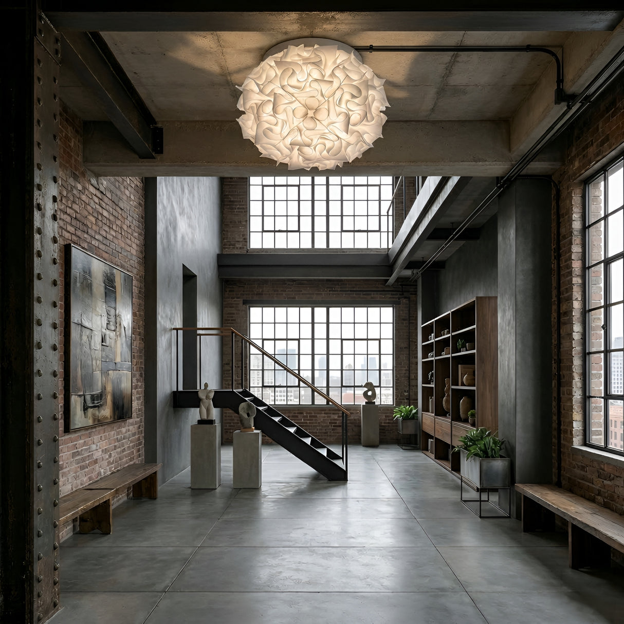 A modern industrial loft with large windows, brick walls, concrete floors, minimalist furniture, potted plants, and art displayed near a metal staircase features the Violla 3 Light Flush Ceiling Light – White for elegant diffused illumination.
