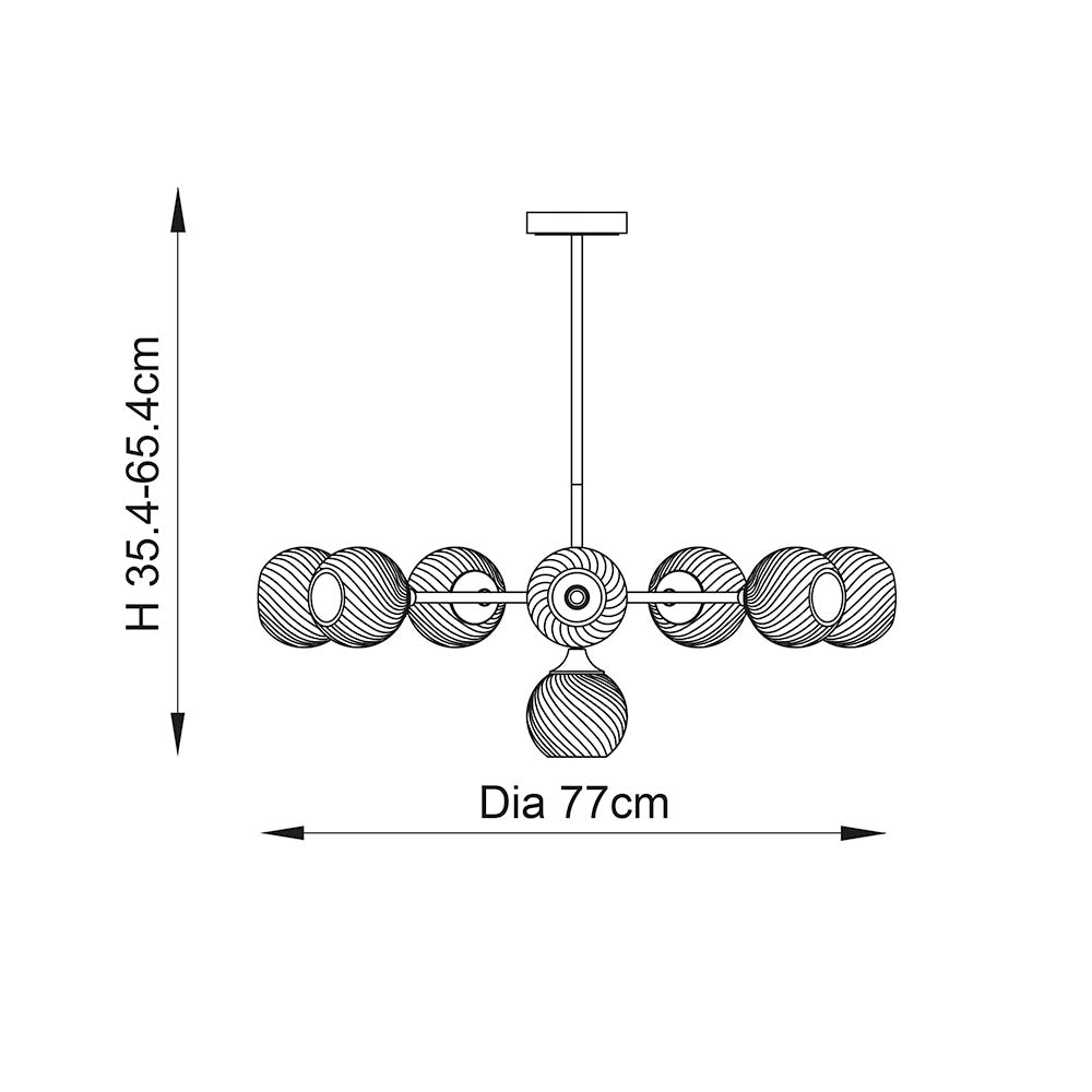 Dimension diagram of the Endon Georgiana 8 light pendant in nickel, showing a 77cm diameter and adjustable height of 35.4–65.4cm.