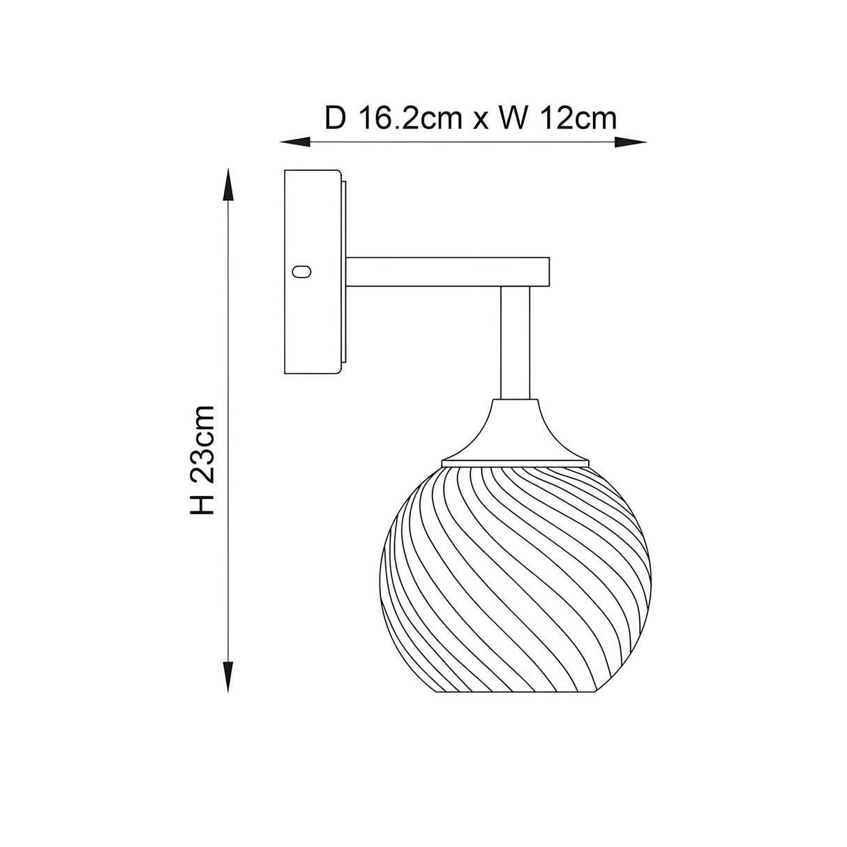Dimensioned line drawing of the Endon Georgiana nickel wall light with spiral glass globe shade, showing 23cm height and 16.2 x 12cm footprint.