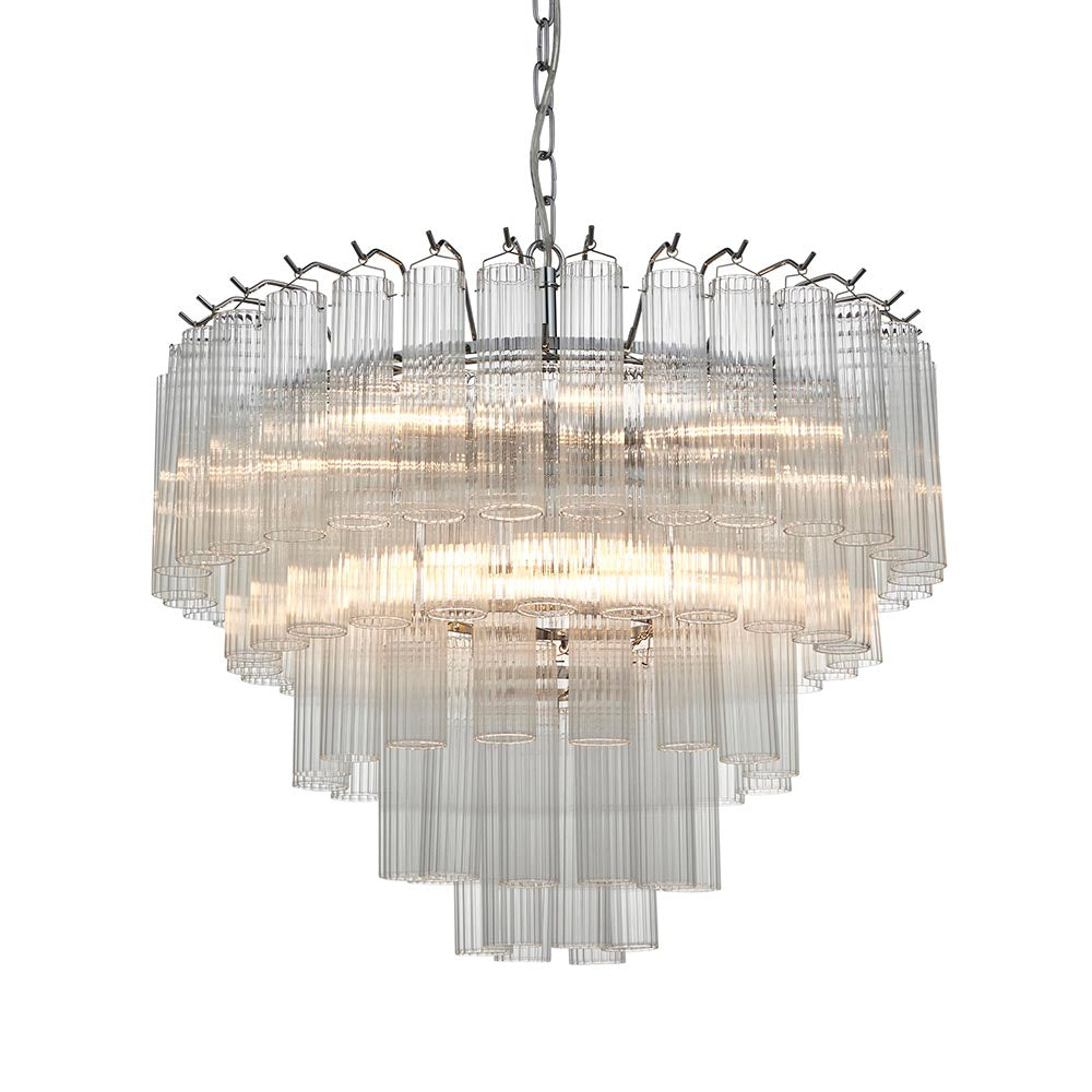 Endon Cranshaw 12 light tiered pendant with ribbed clear glass cylinders layered on polished chrome metalwork, suspended from a chain.