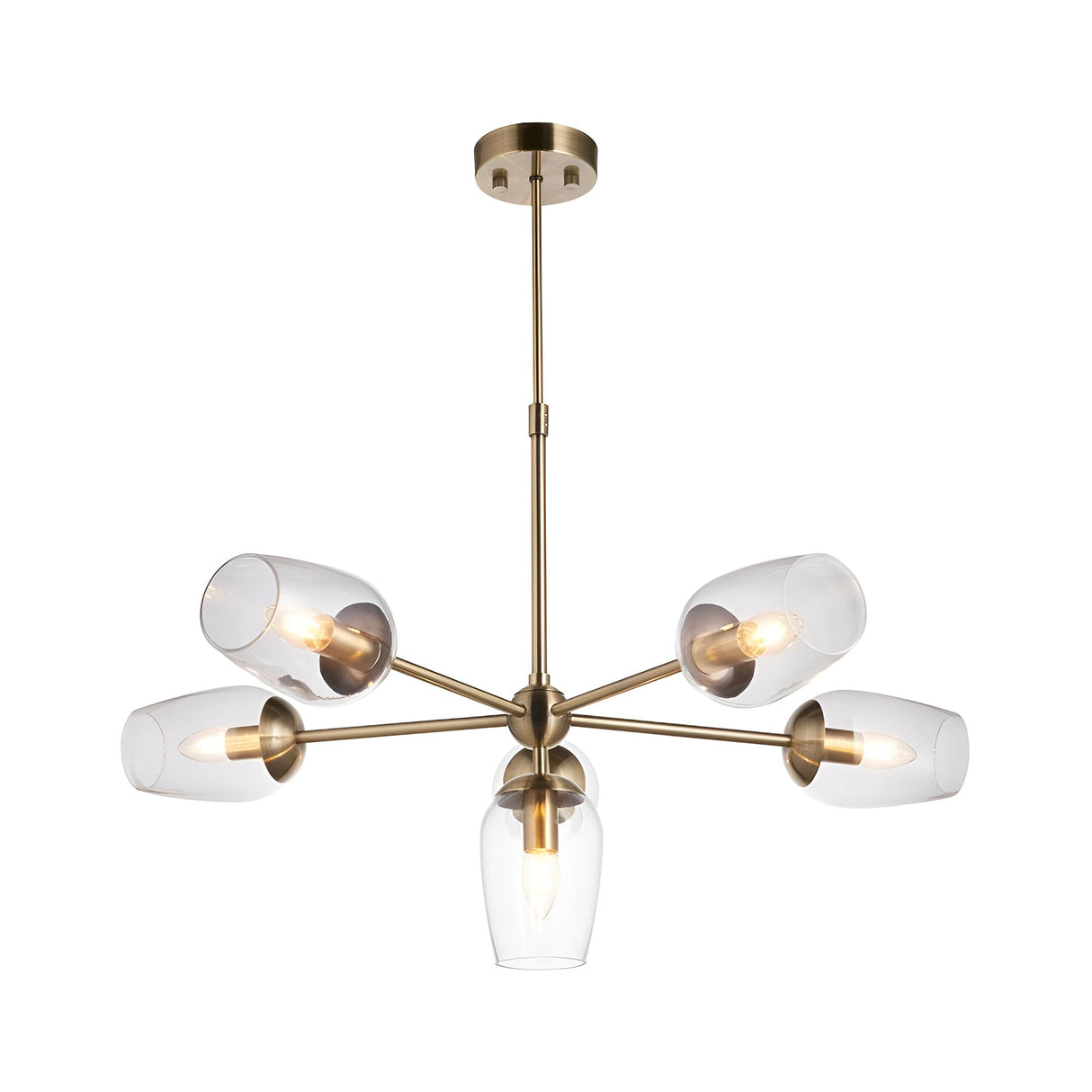 Caldworth 6-Light Pendant in brass with curved arms, six clear glass shades, E14 bulbs, and an adjustable stem.