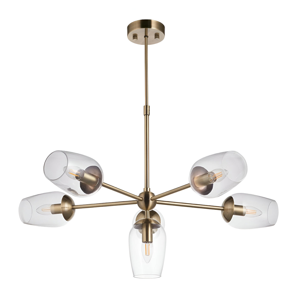 Caldworth 6 Light Pendant in brass with curved arms and clear glass shades on a telescopic stem, shown against a plain white background.