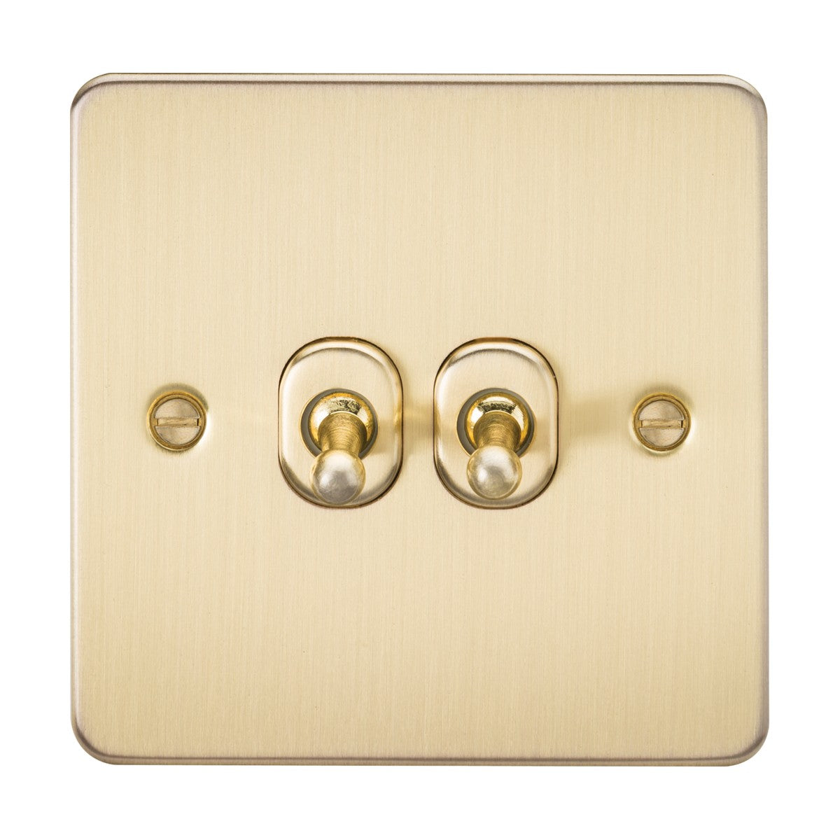 The 10AX 2 Gang 2-Way Toggle Switch in brushed brass, with two central levers on a square plate with rounded edges, offers a sleek finish perfect for contemporary interiors. Two small screws beside the toggles add a touch of charm.