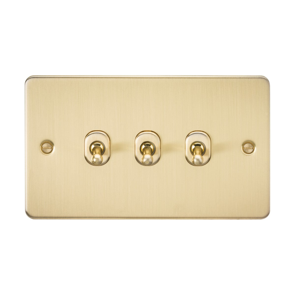 The 10AX 3 Gang 2-Way Toggle Switch in brushed brass flaunts a modern design with three horizontal toggle switches. Its sleek and minimalist appearance highlights the flat plates golden hue against a white backdrop.