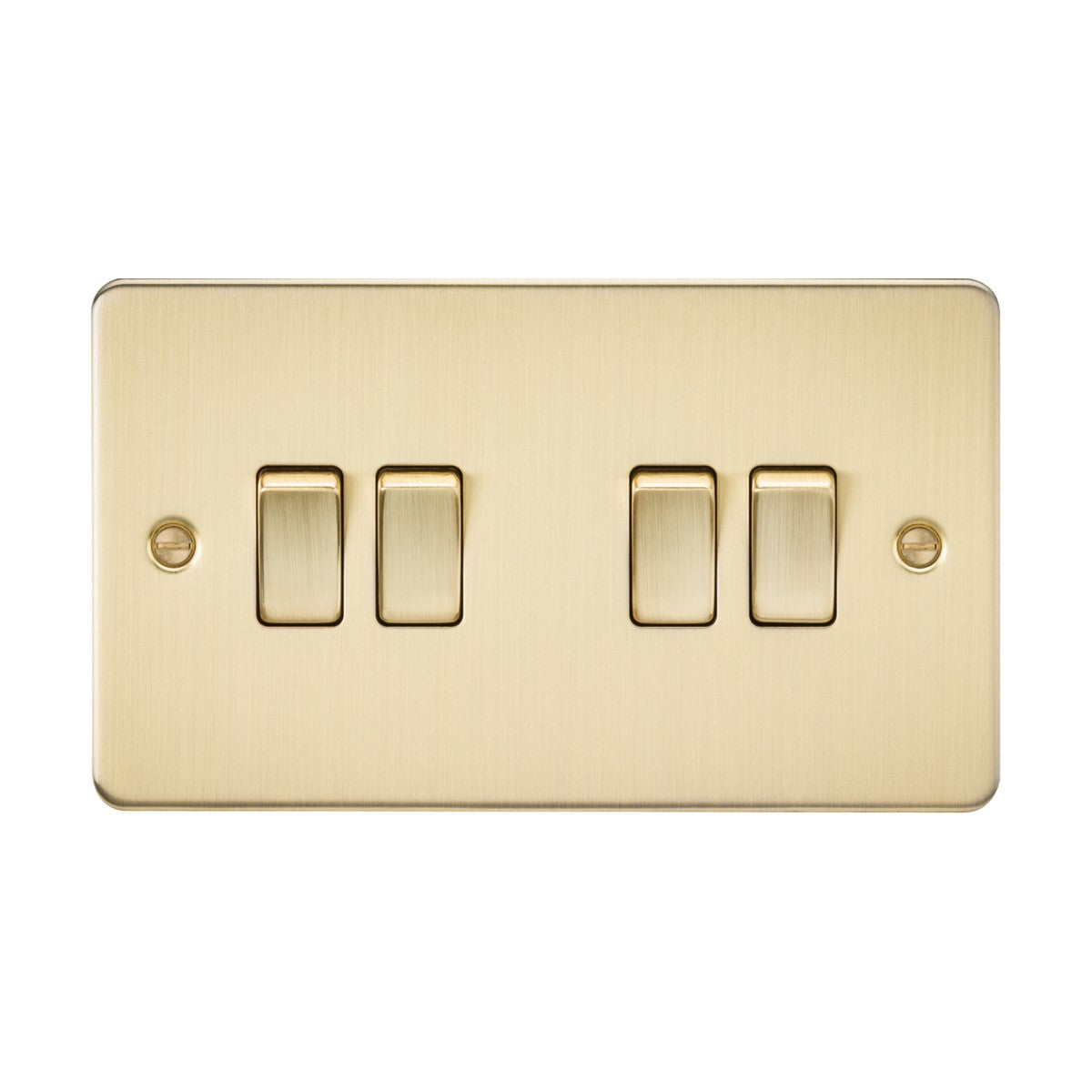 The 10AX 4 Gang 2-Way Switch in brushed brass features a Flat Plate design with four switches in two groups of two on a premium steel rectangular backing, offering elegance and durability for modern spaces.