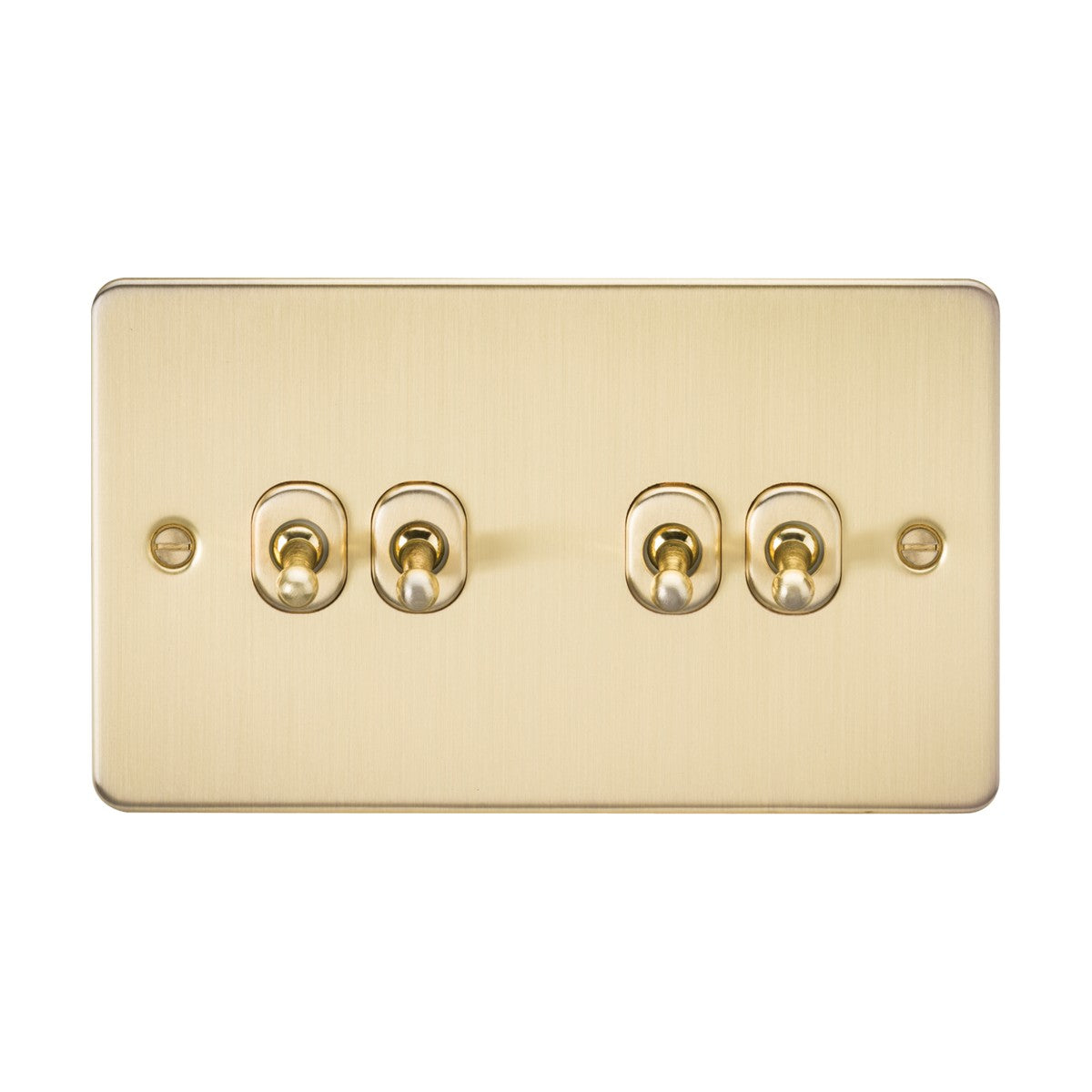 The 10AX 4 Gang 2-Way Toggle Switch in brushed brass features a flat plate design with four horizontally arranged vintage-style toggles on a white background, blending modern aesthetics with classic charm.