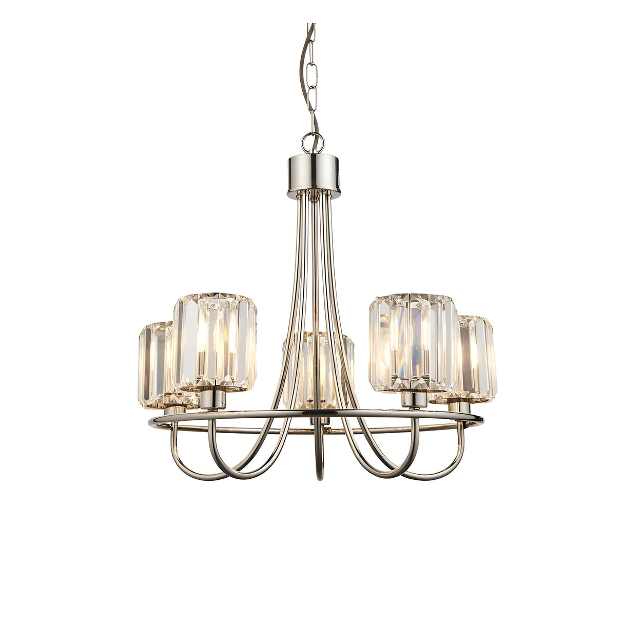 Clementine 5 Light Pendant in nickel, with five faceted crystal glass shades on curved metal arms and a chain suspension, shown on a plain white background.