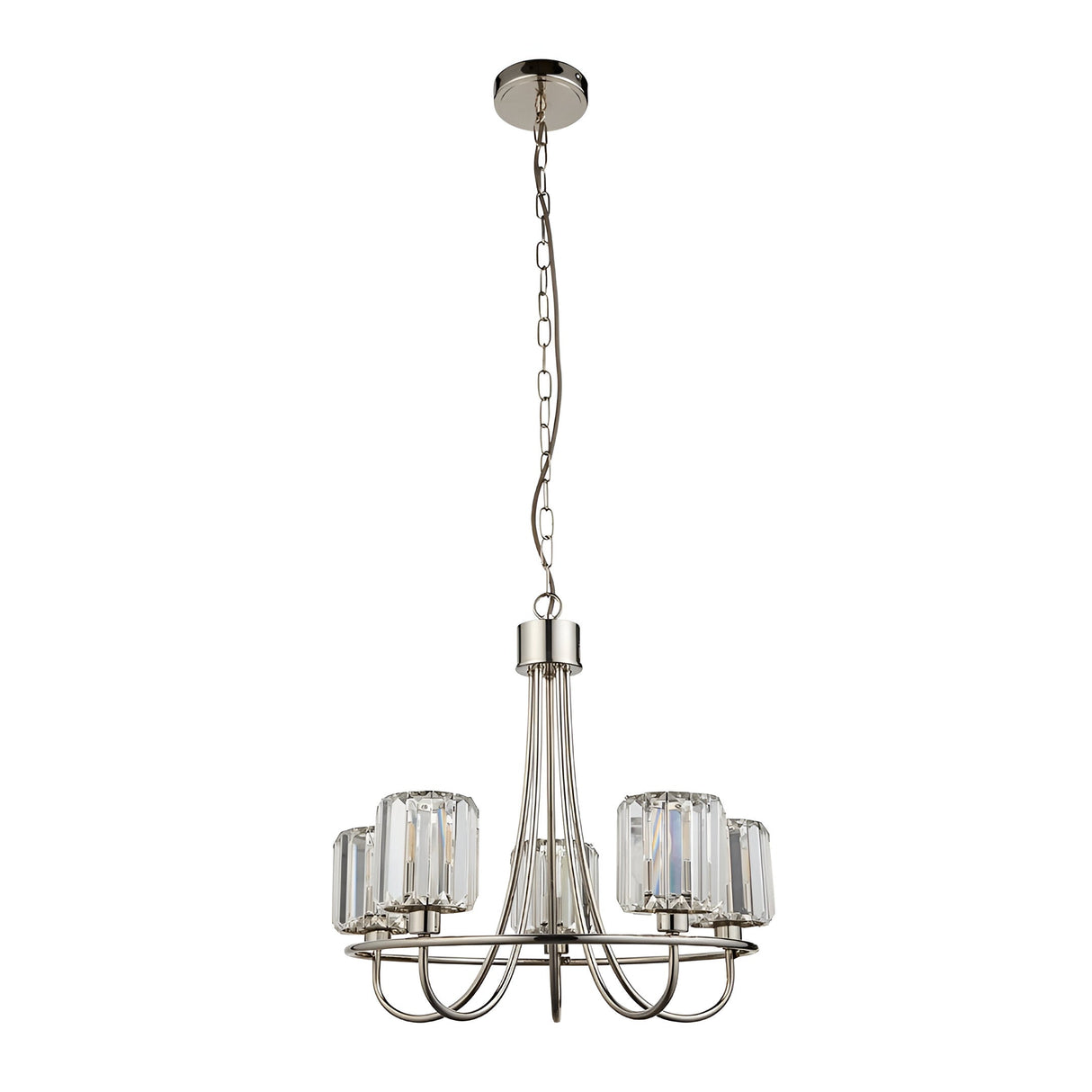 Clementine 5 Light Pendant in nickel, featuring curved metal arms with five faceted crystal glass shades, suspended from a chain on a plain white background.