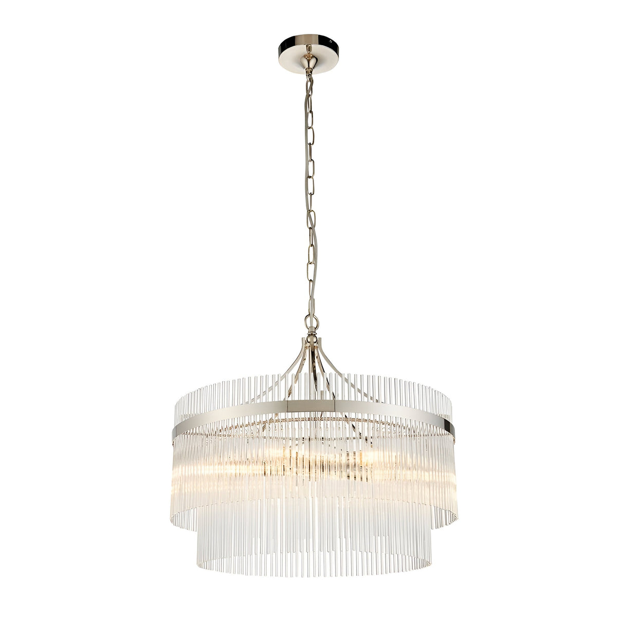 Beaumont 5 Light Pendant in nickel with clear glass rod tiers on an adjustable chain, shown against a plain white background.