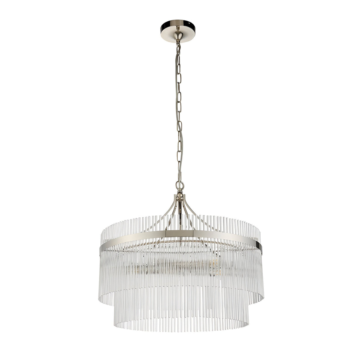 Beaumont 5 Light Pendant in nickel with tiered clear glass rods, chain suspension, on a plain white background.