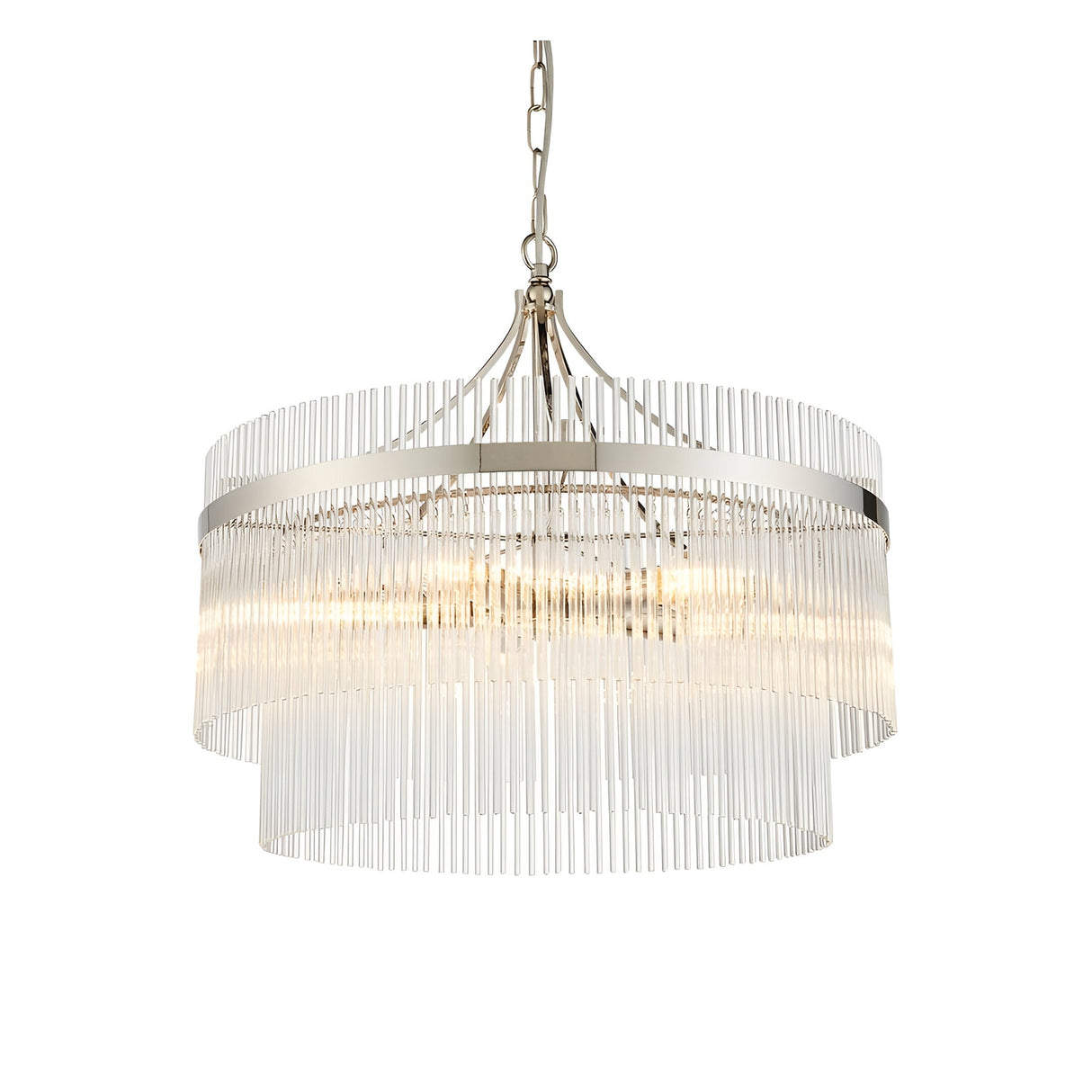 Beaumont 5-light pendant in nickel, a two-tier drum fixture with clear glass rods and adjustable chain, shown on a plain white background.