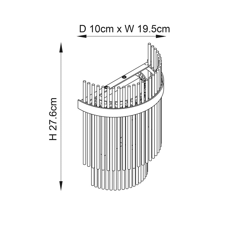 Endon Beaumont wall light technical drawing showing dimensions of H 27.6cm, W 19.5cm and D 10cm for the nickel curved glass rod fitting.