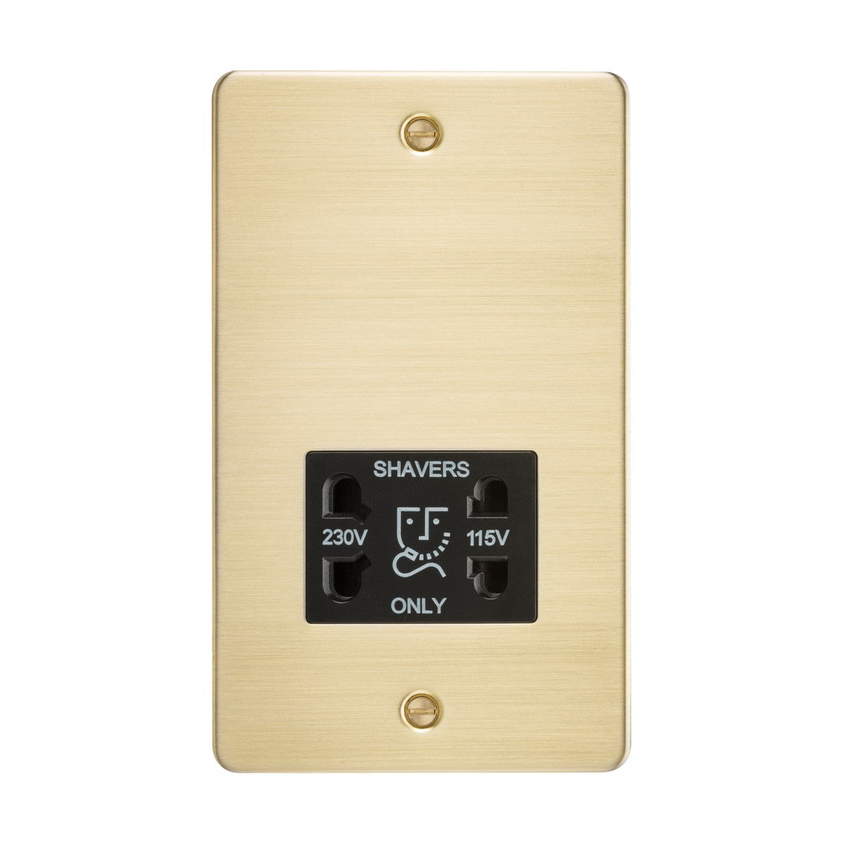 The 115/Dual Voltage Shaver Socket in brushed brass features a black insert, flat plate design with dual outlets labeled 230V and 115V. It is crafted from premium-grade steel with SHAVERS ONLY above, offering a decorative faceplate and two visible screws for durability.