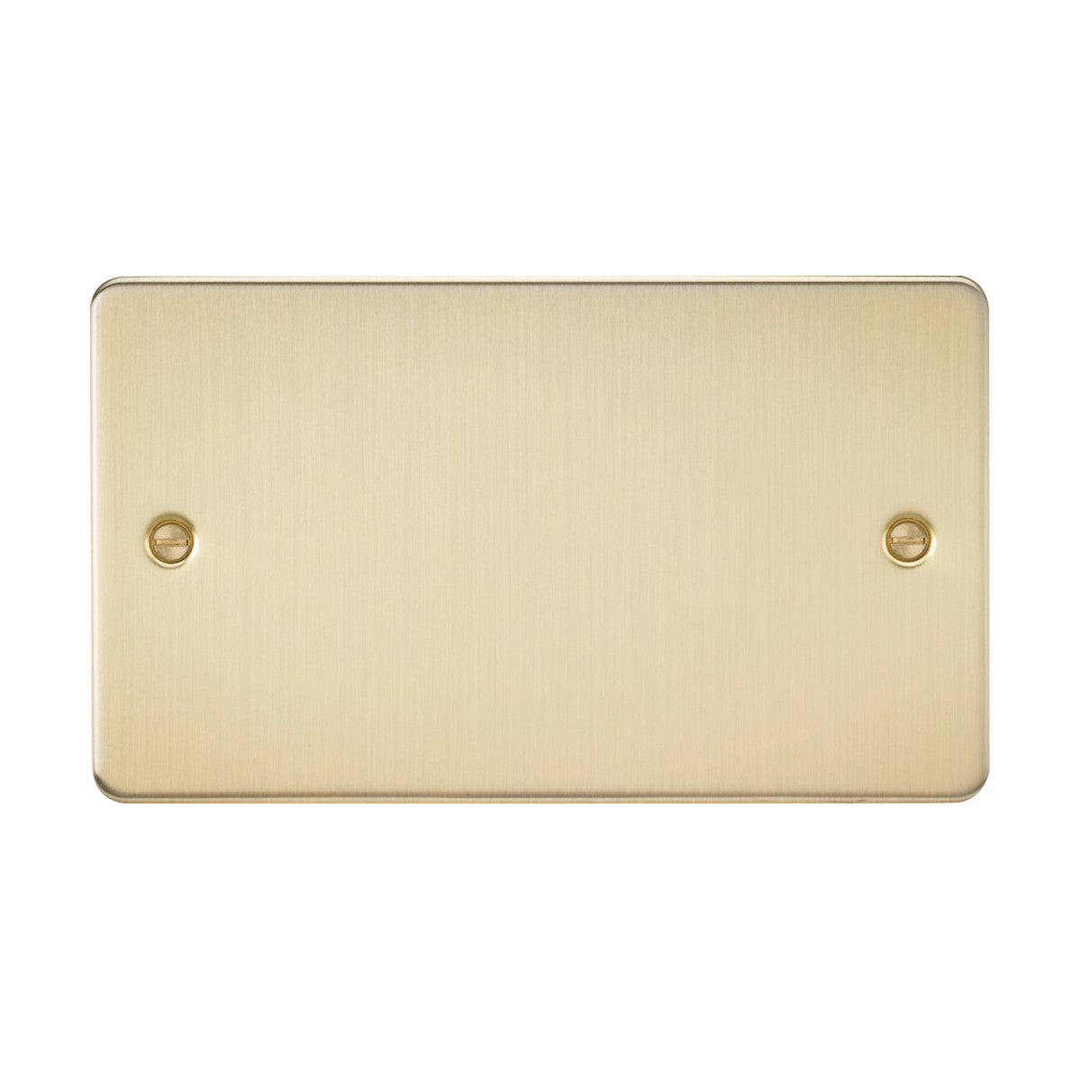 The 2 Gang Blanking Plate - Brushed Brass (Flat Plate) is a rectangular, brushed brass plate made from premium-grade steel with a sleek finish and comes with two screws, one on each side near the center.