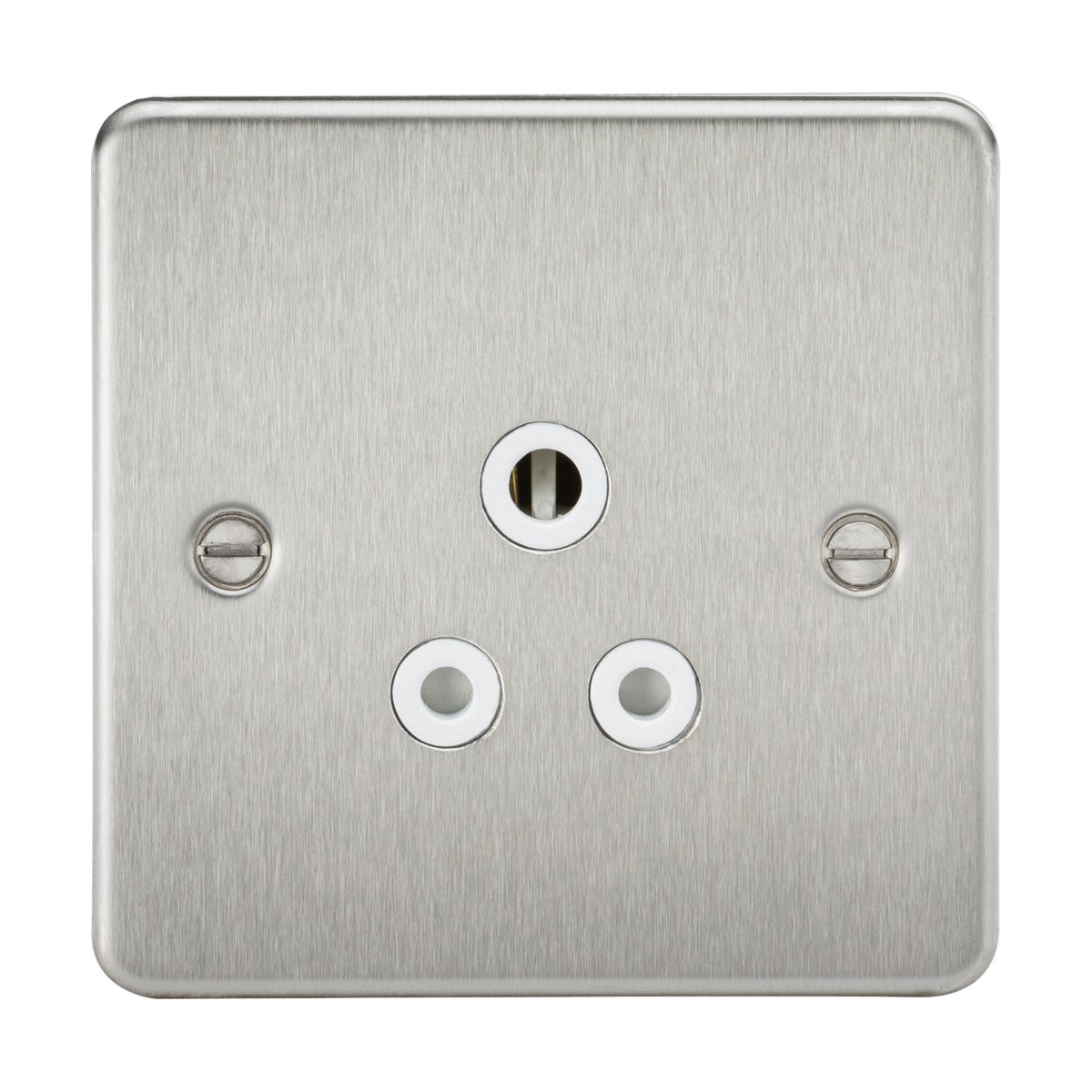 The 5A Unswitched Socket - Brushed Chrome (White Insert, Flat Plate) has a keyhole-shaped opening in the center with two smaller round openings below designed for a 5A round pin socket. It is securely held by screws on the left and right sides and features an ultra low profile with a smooth, matte finish.