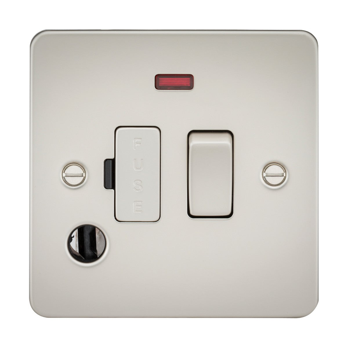 The 13A Switched Fused Spur Unit Neon & Flex Outlet in Pearl features a flat faceplate with two screws, a small rectangular FUSE slot, and a circular black switch. Its beige design with a red indicator light blends seamlessly into any surface.