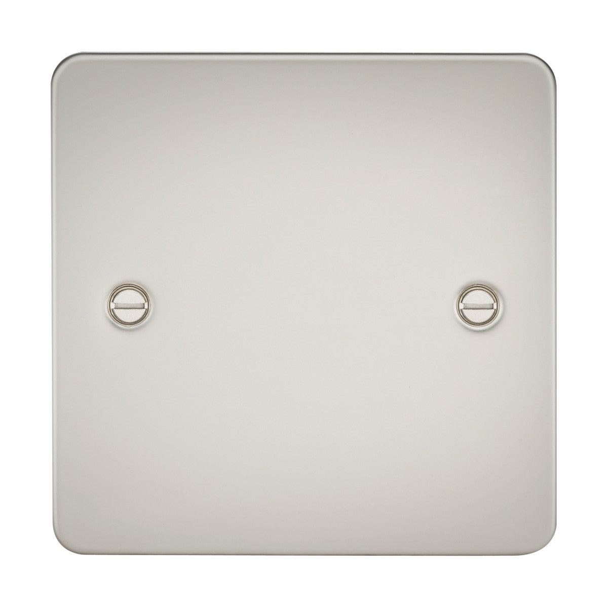 The 1 Gang Blanking Plate - Pearl (Flat Plate) is a square, ultra-low-profile switch with a smooth metallic finish, featuring two visible screws. Designed to IEC 60670-1 standards, it boasts a sleek and modern appearance.