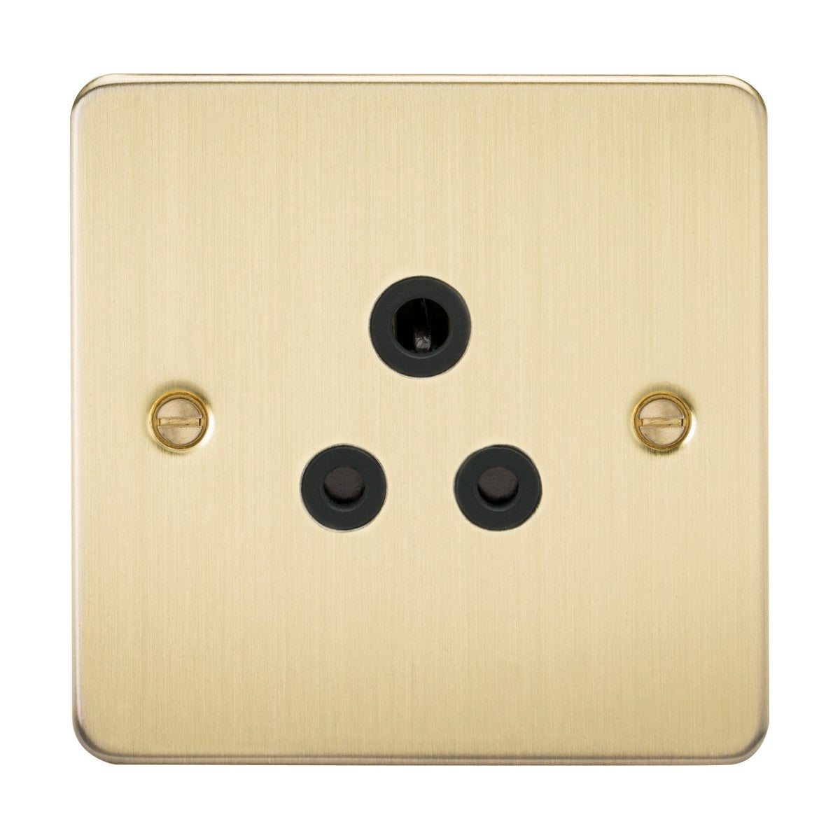 A 5A Unswitched Socket with a black insert set on a brushed brass flat plate, featuring a three-prong electrical outlet with a 5A round pin socket. The triangular arrangement of sockets is displayed on its smooth, rectangular metallic surface, secured by two screws on either side.