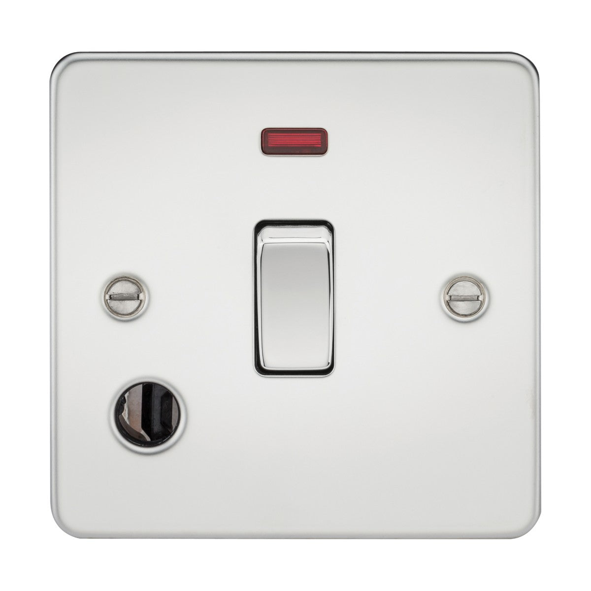A 20A 1 Gang DP switch with a neon indicator light and flex outlet on a polished chrome flat plate, featuring two visible screws.