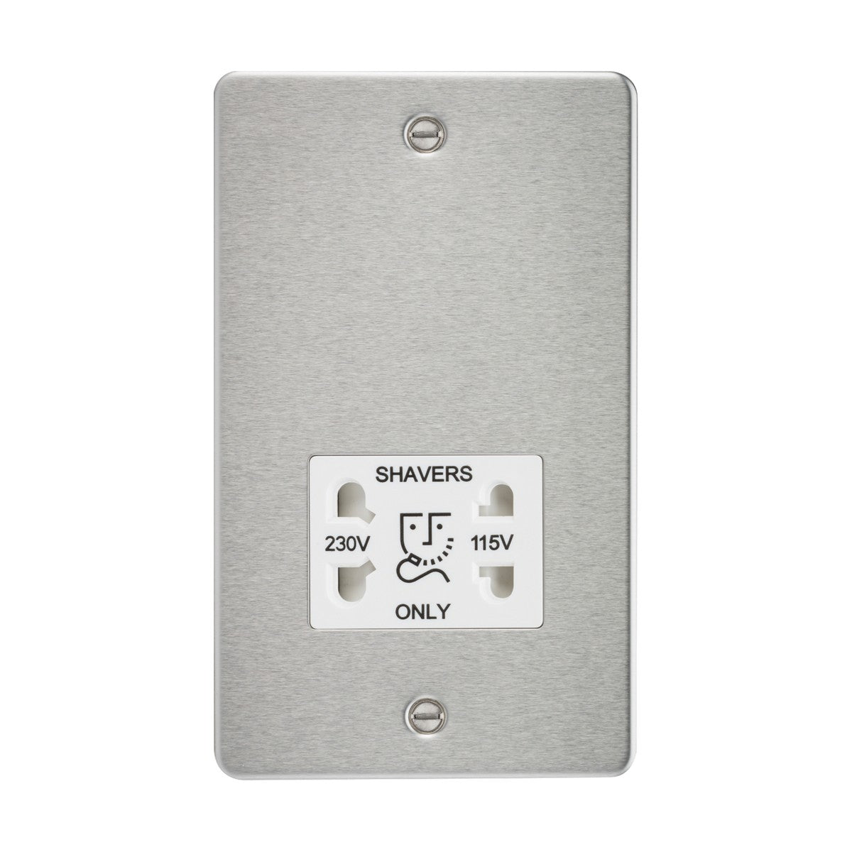 The 115/Dual Voltage Shaver Socket in brushed chrome, featuring a white insert and flat plate design, offers dual voltage options of 230V and 115V. Its ultra low profile is mounted on a simple metallic panel with visible screws at the top and bottom for enhanced functionality.