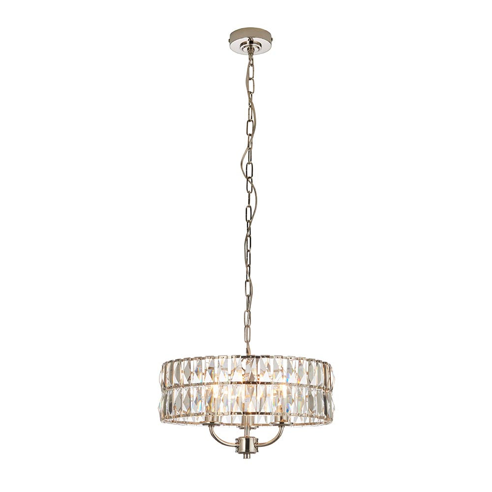 Bevmont 3-light pendant in nickel with a round drum shade of faceted crystal glass, suspended on a long chain, shown on a plain white background.