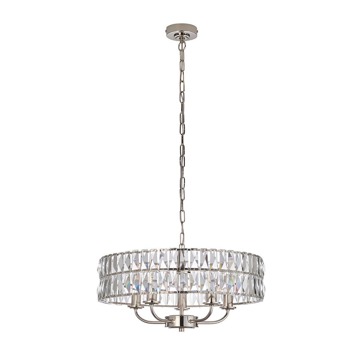 Endon Bevmont 5 light pendant in nickel with a drum-shaped tier of clear cut faceted glass on a chain suspension, shown on a white background.