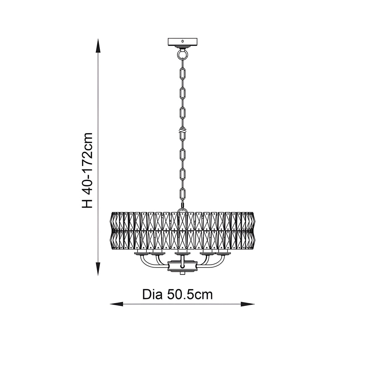 Endon Bevmont 5 light pendant dimensions diagram showing 50.5cm diameter and 40-172cm adjustable height on a nickel chain suspension.