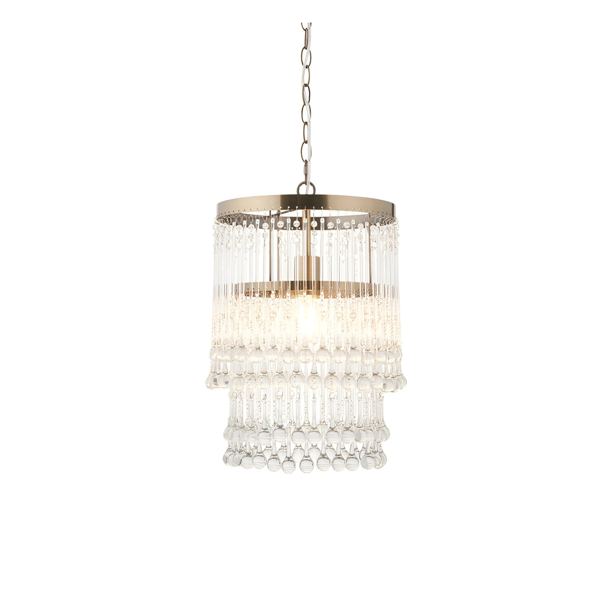 Bramgrove Pendant in antique brass with tiered clear glass droplets and E27 lamp holder, hung from a chain on a plain white background.