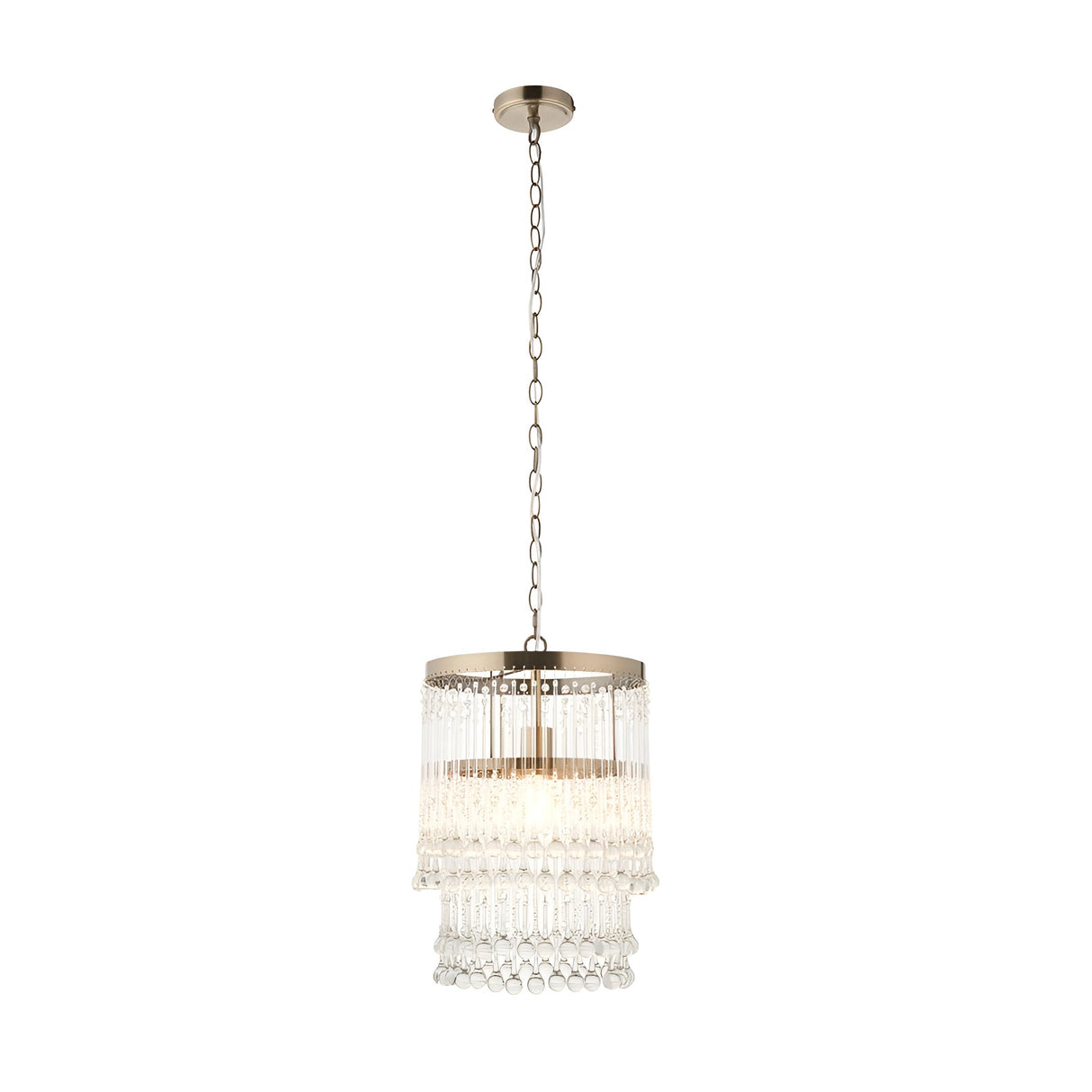 Bramgrove Pendant in antique brass, single-light fitting with tiered clear glass droplets, hung from a chain on a plain white background.