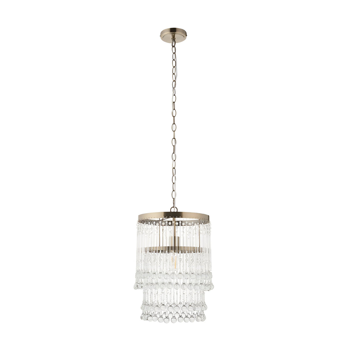 Bramgrove Pendant in antique brass, a single-light fixture with tiered clear glass droplets on a chain suspension, shown on a plain white background.