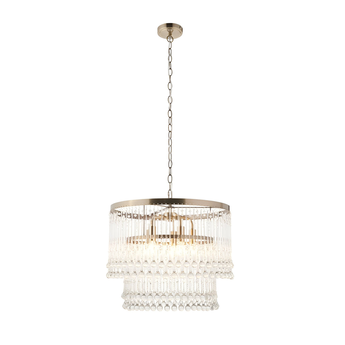 Endon Bramgrove 5 light pendant with tiered clear glass droplets on an antique brass frame and chain suspension, shown lit on a white background.