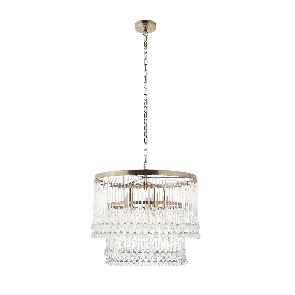 Endon Bramgrove 5 light tiered pendant with clear glass droplets on an antique brass frame and chain, shown against a plain white background.