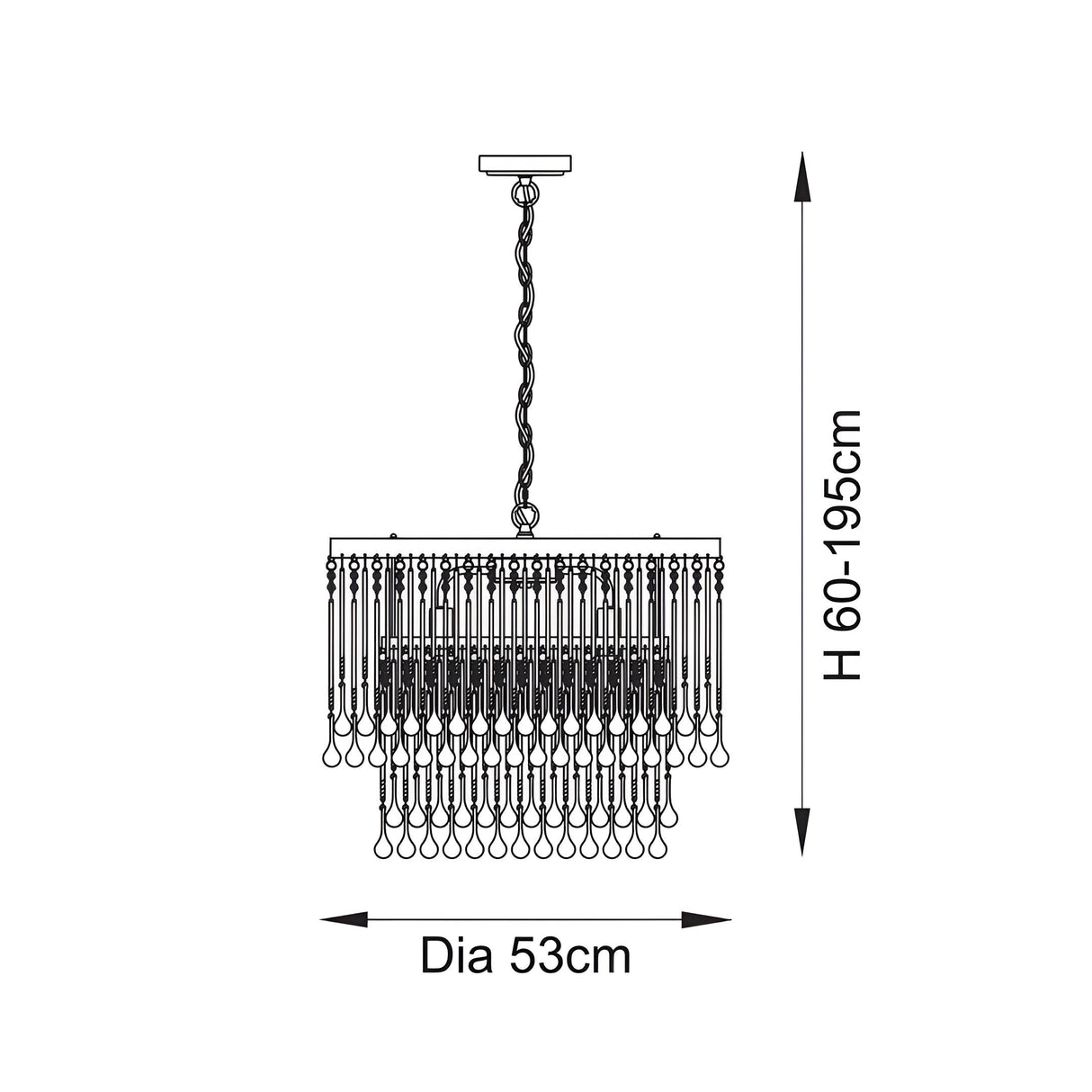 Dimension diagram of the Endon Bramgrove 5 light pendant showing 53cm diameter and adjustable 60-195cm height on a white background.