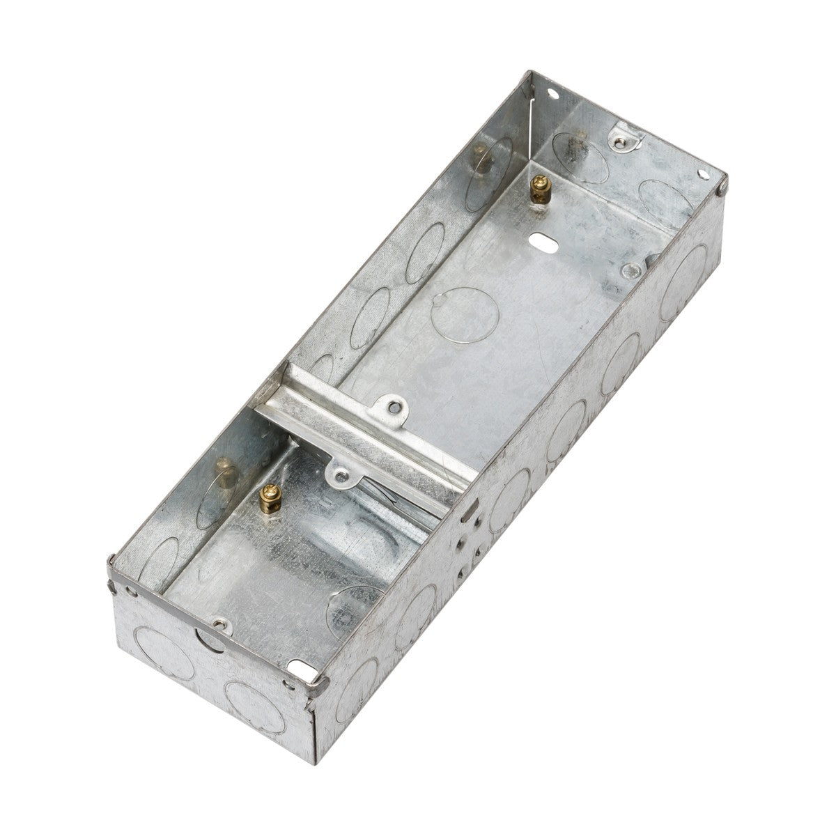 A 3 Gang 47mm Single Plus Double Galvanised Steel Box is displayed, featuring a rectangular metal design with multiple circular cutouts. This box, made of galvanized steel, has a flat base and raised sides, and is designed for housing electrical connections or components in compliance with EN 60670 standards.