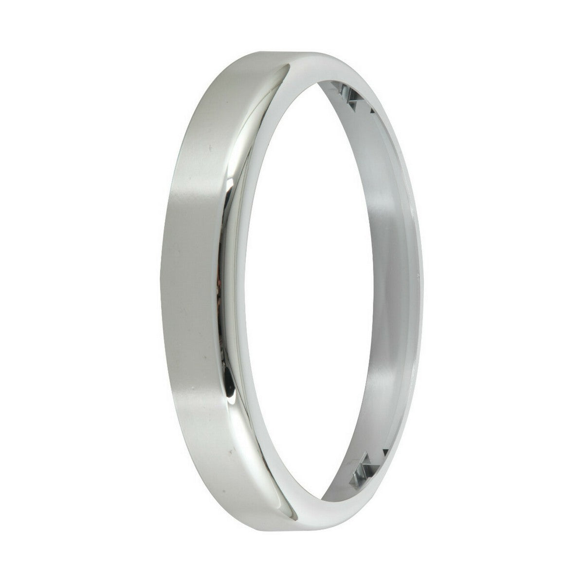 The Bezel Accessory For BT14 - Chrome is a straightforward, circular band crafted from silver metal, featuring a smooth, polished surface and a chrome bezel. Its edges have a slight bevel that adds a touch of subtle elegance to the design. The light reflection accentuates its shiny and sleek look against a white background.