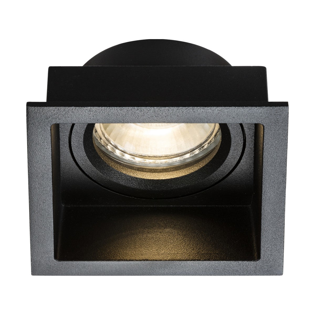 The Dipa Single Fixed Recessed Square Downlight in Black features a sleek black square design and a visible bulb, offering stylish and subtle lighting. Its anti-glare attributes boost its modern, minimalist appeal while providing a warm glow. The frame encases the bulb in a straightforward cubic form, making it an ideal choice for any space.