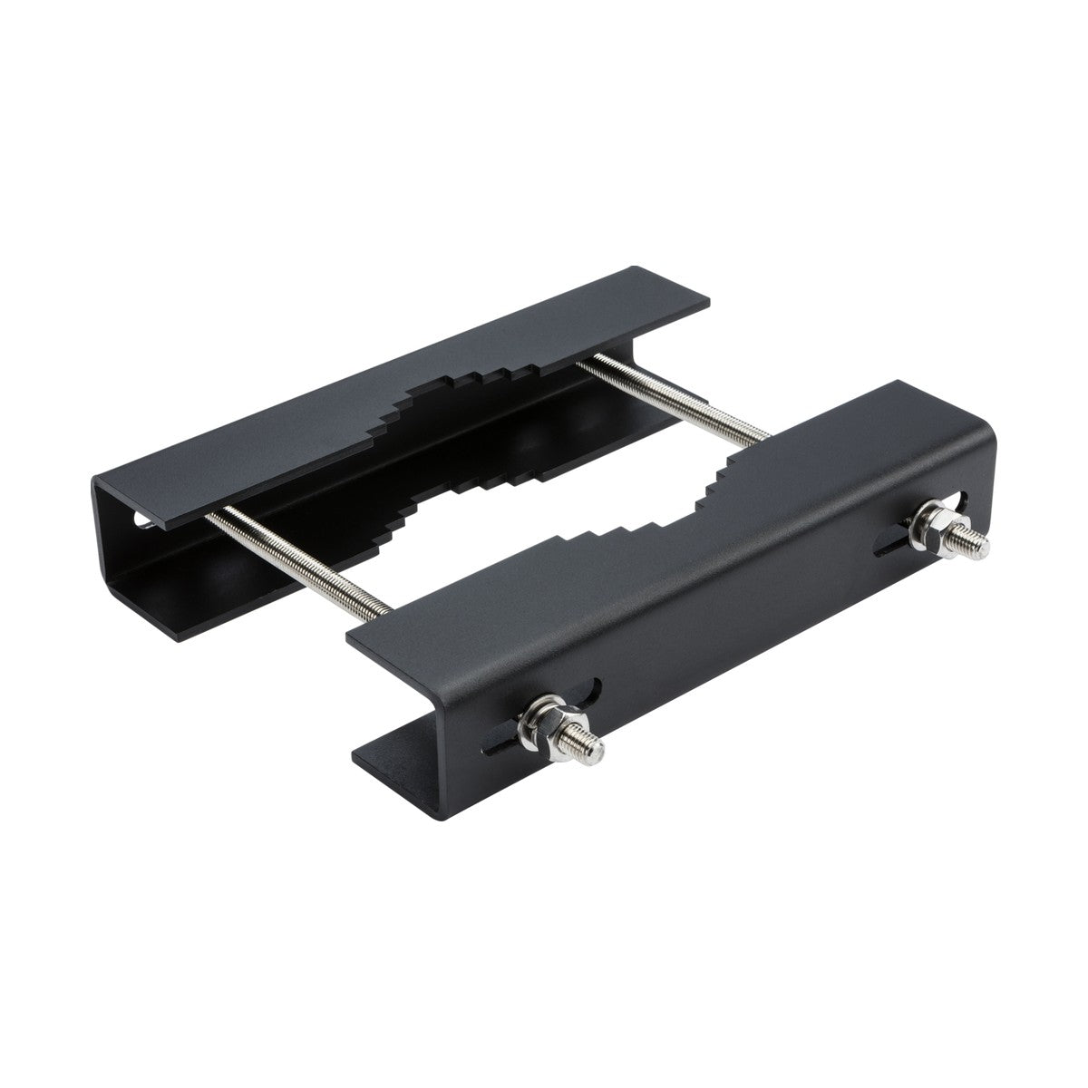 The FL High Lumen 200W Pole Clamp Floodlight Accessory is a sturdy black metal bracket featuring two parallel rectangular bars connected by threaded rods with wing nuts at each end. Its sleek black finish and serrated grip design on the inner edges ensure secure placement on poles or other objects, thanks to its robust steel construction.