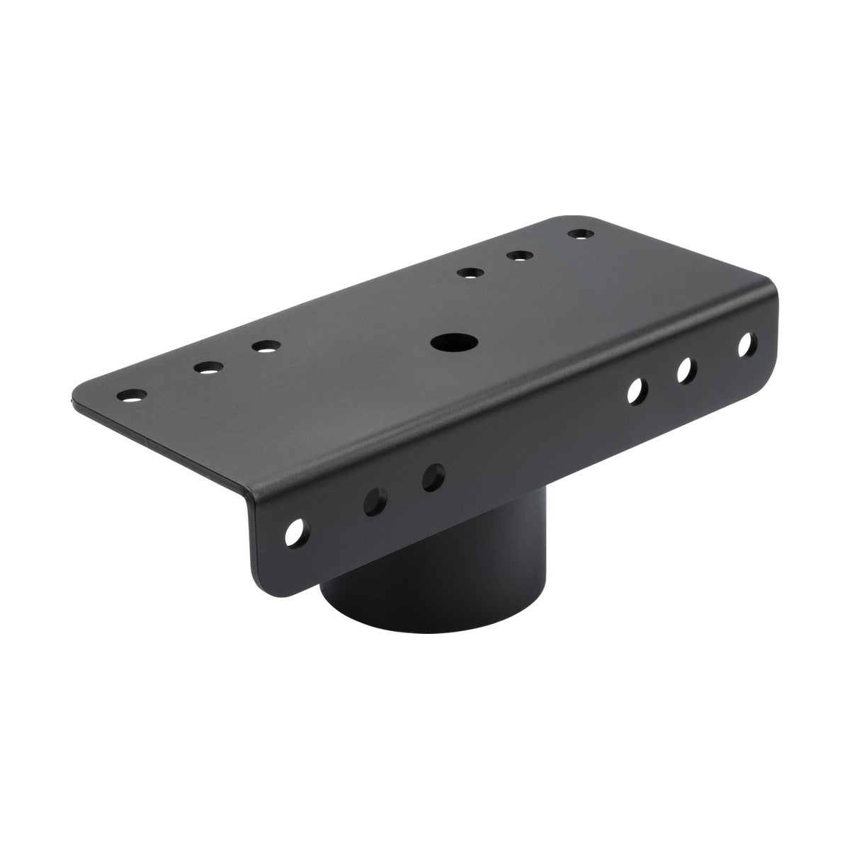 The FL High Lumen 76MM Pole Mount Floodlight Accessory features a black metal bracket with a rectangular top that includes multiple holes for easy mounting. The cylindrical base is designed to attach seamlessly beneath the top plate. With its simple yet functional steel finish, it is ideal for various assembly or installation purposes.