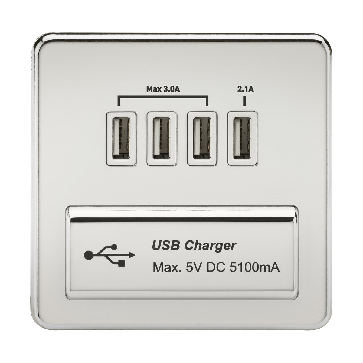230V Quad USB-A Charger Outlet (5V DC 5.1A shared) - Polished Chrome with White Insert
