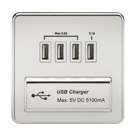 230V Quad USB-A Charger Outlet (5V DC 5.1A shared) - Polished Chrome with White Insert