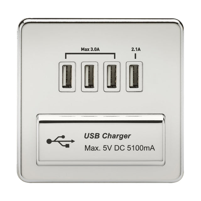 230V Quad USB-A Charger Outlet (5V DC 5.1A shared) - Polished Chrome with White Insert