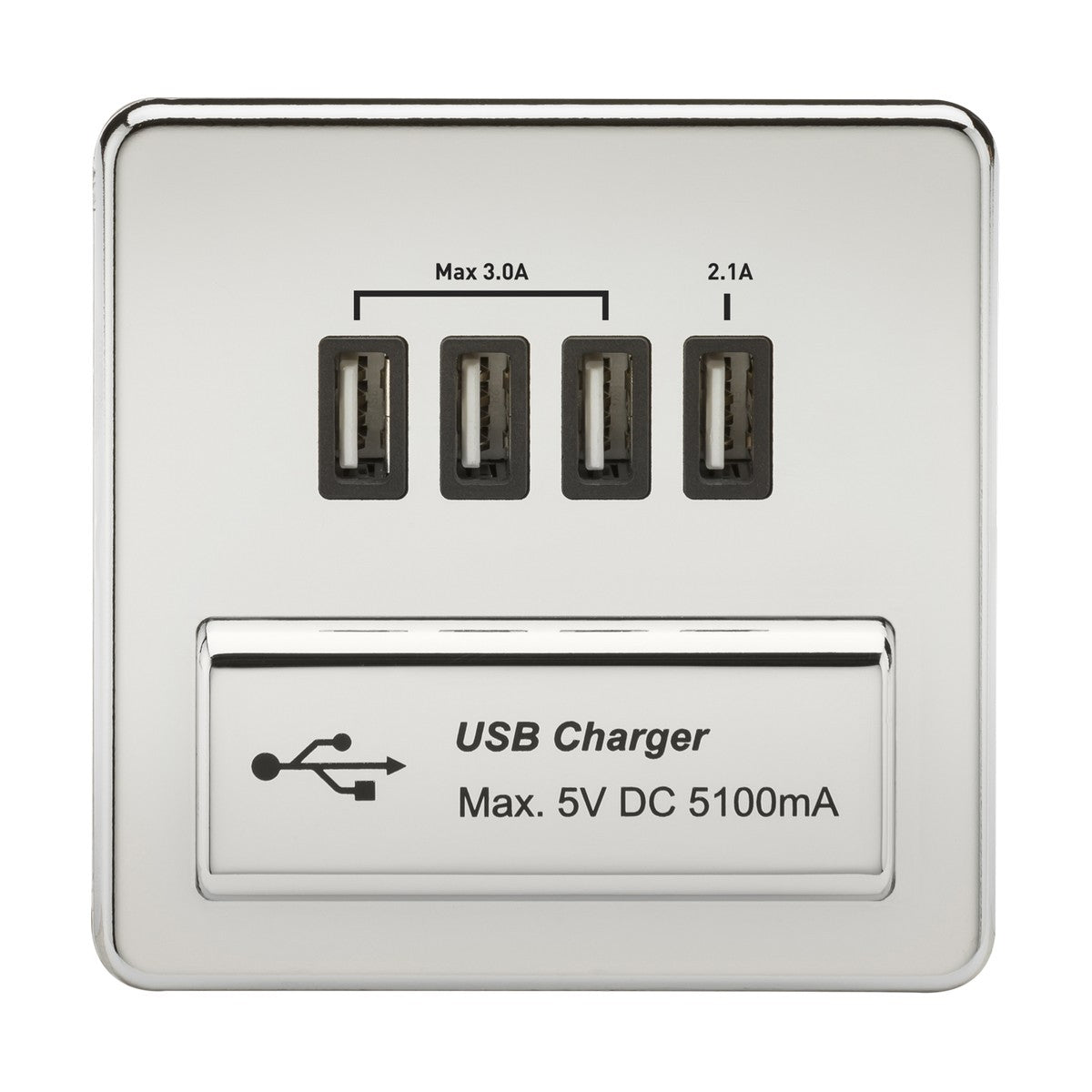 230V Quad USB-A Charger Outlet (5V DC 5.1A shared) - Polished Chrome with Black Insert