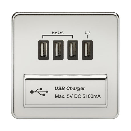 230V Quad USB-A Charger Outlet (5V DC 5.1A shared) - Polished Chrome with Black Insert