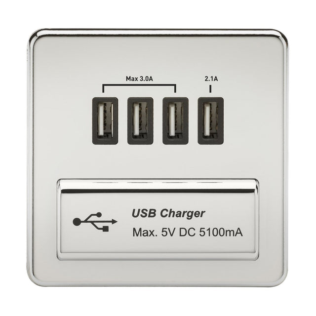 230V Quad USB-A Charger Outlet (5V DC 5.1A shared) - Polished Chrome with Black Insert