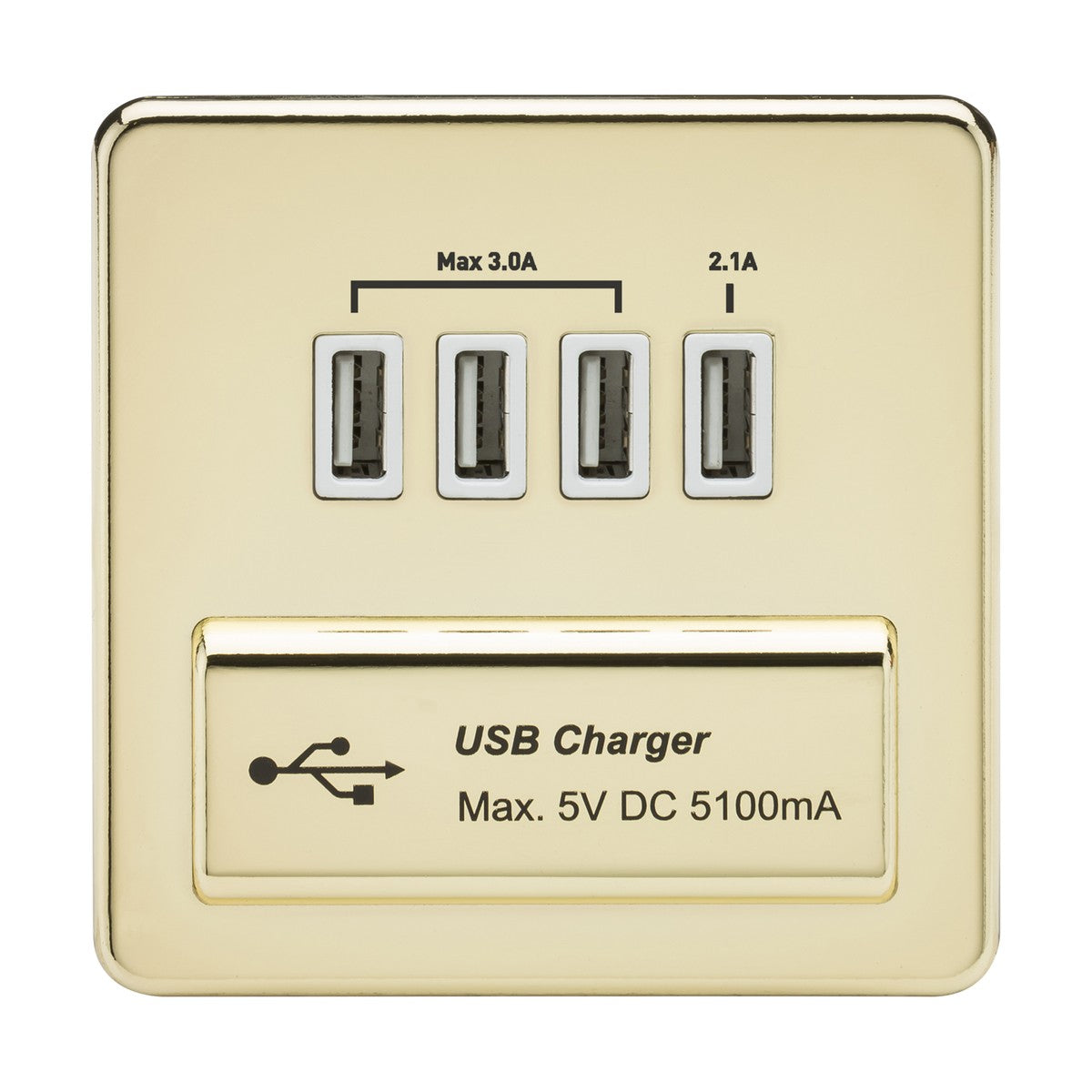 230V Quad USB-A Charger Outlet (5V DC 5.1A shared) - Polished Brass with White Insert