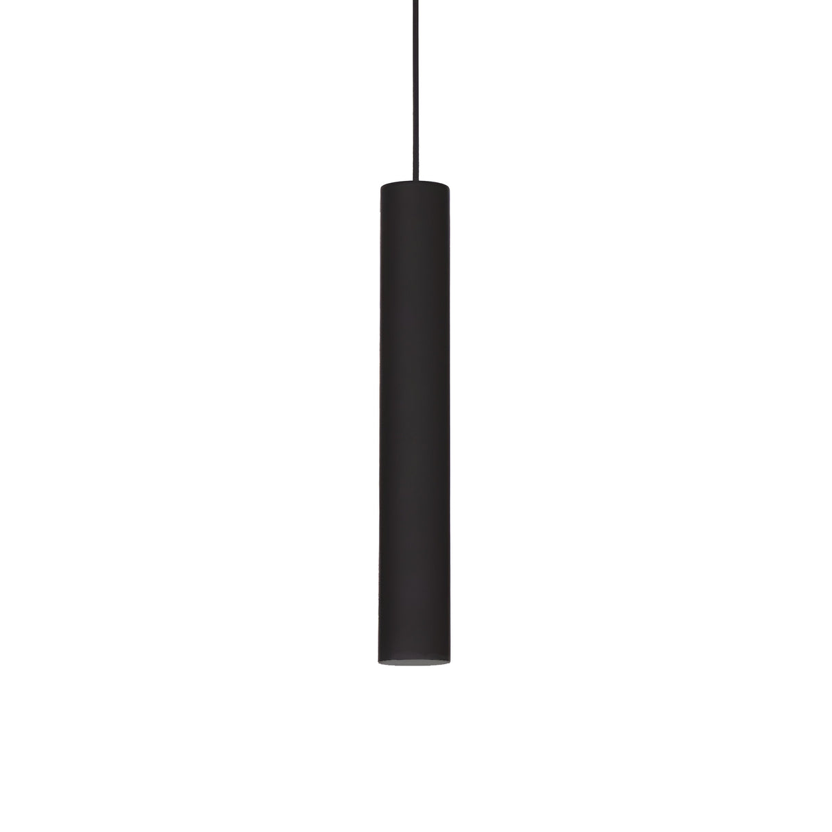 The Noctis 1 Light Pendant in black, featuring a sleek 6cm cylindrical design and an adjustable fabric cable, hangs from the ceiling against a plain white background, enhancing the minimalist aesthetic of modern lighting.
