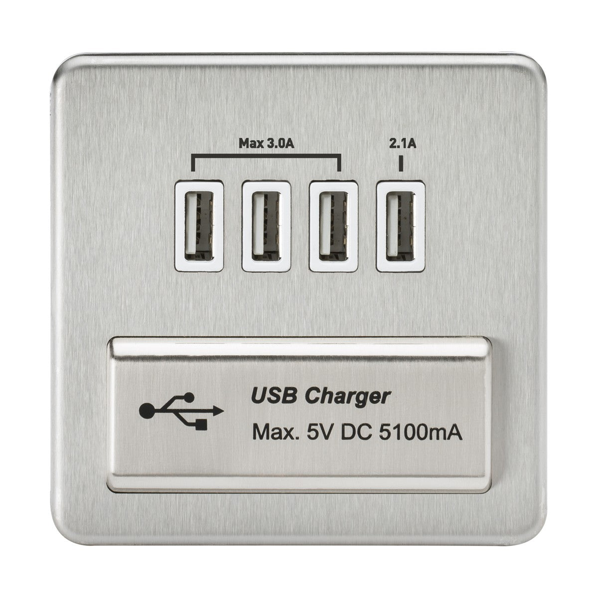230V Quad USB-A Charger Outlet (5V DC 5.1A shared) - Brushed Chrome with White Insert
