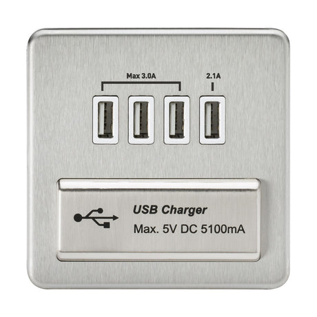 230V Quad USB-A Charger Outlet (5V DC 5.1A shared) - Brushed Chrome with White Insert