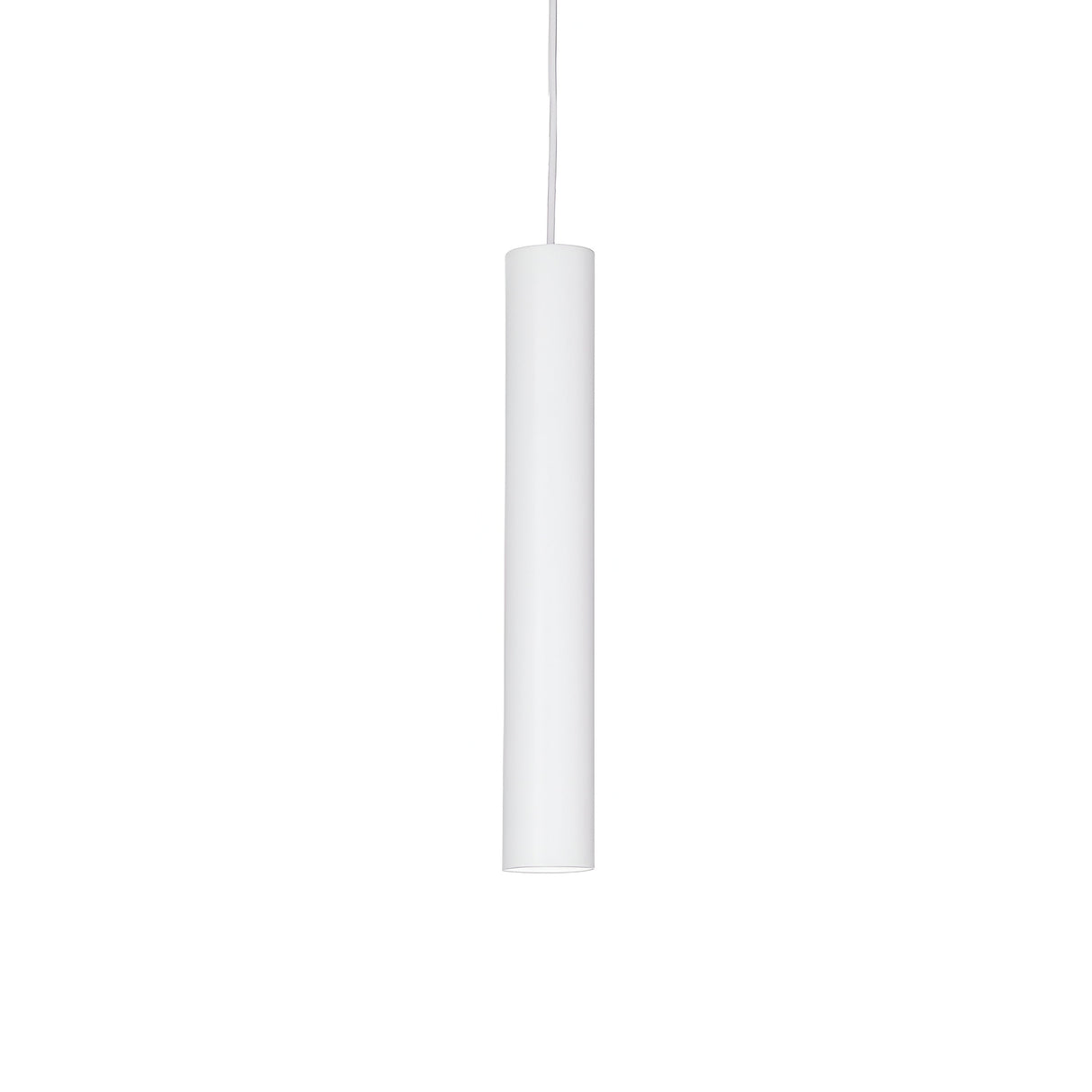The Noctis 1 Light Pendant - White, 6cm boasts a sleek cylindrical design with a minimalist white finish, effortlessly suspended from an adjustable fabric cable that elegantly complements its serene backdrop.